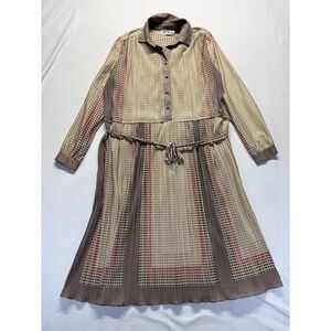 Vintage Hal Ferman Fit & Flare Dress Womens 16 Beige Geometric Print Belted